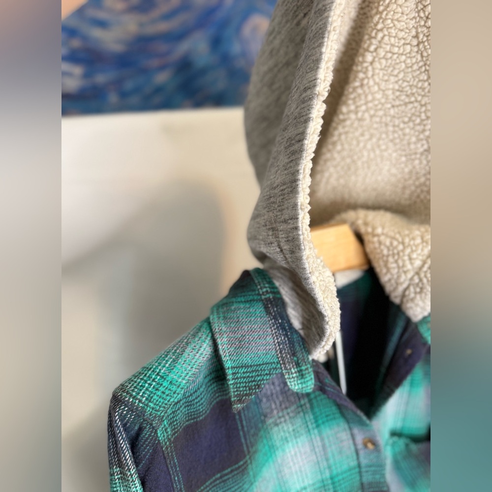 AE Vintage Boyfriend Sherpa Lined Hooded Flannel Jacket Green Plaid Size L - Picture 7 of 9